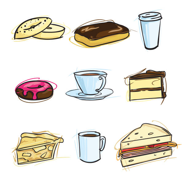 ilustrações, clipart, desenhos animados e ícones de coffee shop ícones - coffee bagel donut coffee cup