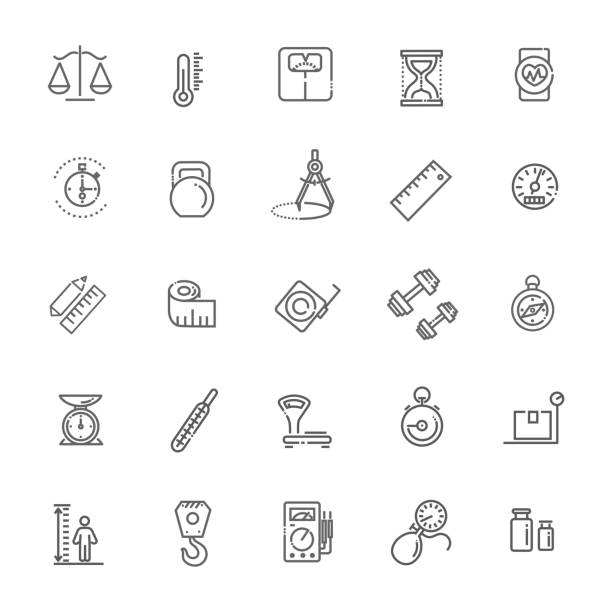 Measuring related web icon set - outline icon set, vector, thin line icons collection Web icon set - scales, weighing, weight, balance kitchen scale stock illustrations
