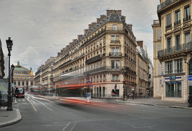 Avenue de l'Opera, Paris. Paris, France - September 10, 2017: View of the Avenue de l'Opera at cloudy day. place de lopera stock pictures, royalty-free photos & images