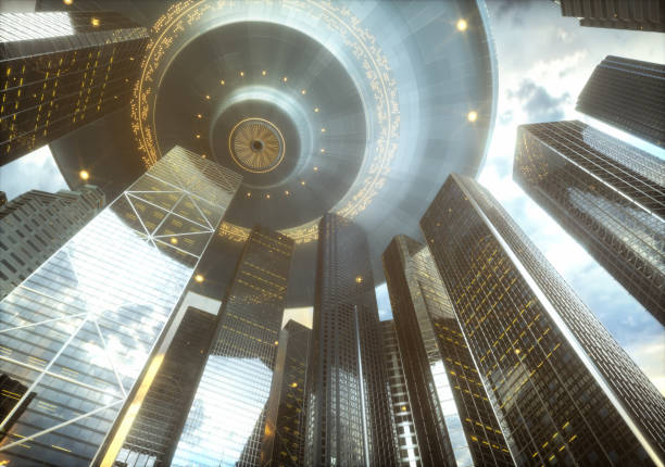 3D illustration. Space alien ship UFO, over skyscrapers. Conceptual image of ufology.