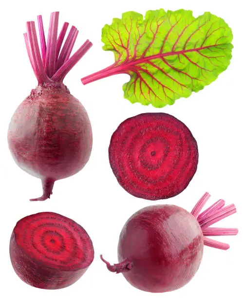 Isolated beetroot collection. Various cut and whole beetroot vegetables with leaf isolated on white background with clipping path