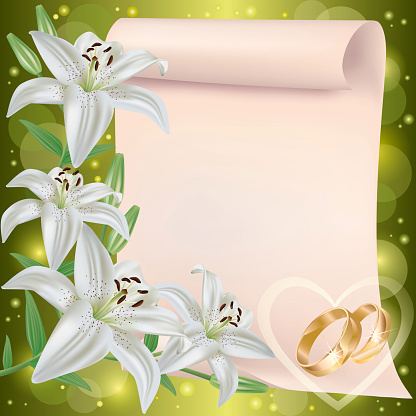 Wedding invitation or greeting card with lily flowers, wedding rings and paper sheet - place for text, vector