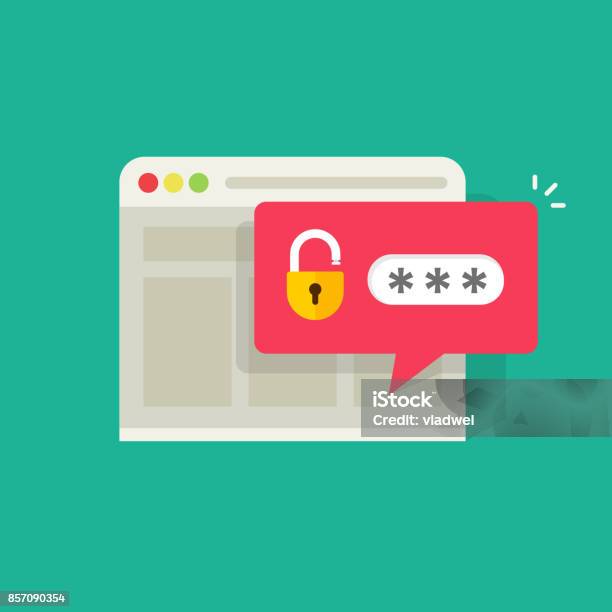 Password Notification Bubble With Open Lock In Browser Widow Vector Illustration Flat Carton Login Or Signin Icon Stock Illustration - Download Image Now