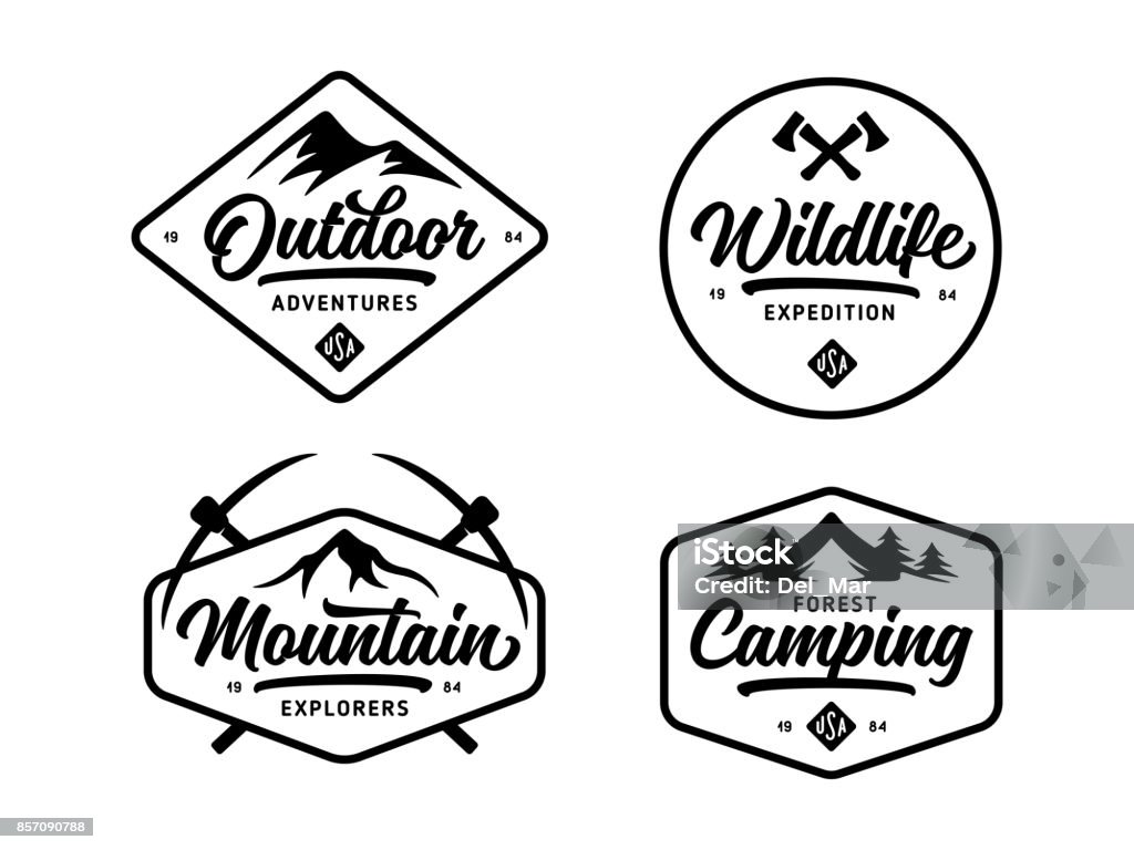 Set di etichette wild life all'aperto badge emblemi. Illustrazione vintage vettoriale. - arte vettoriale royalty-free di Logo