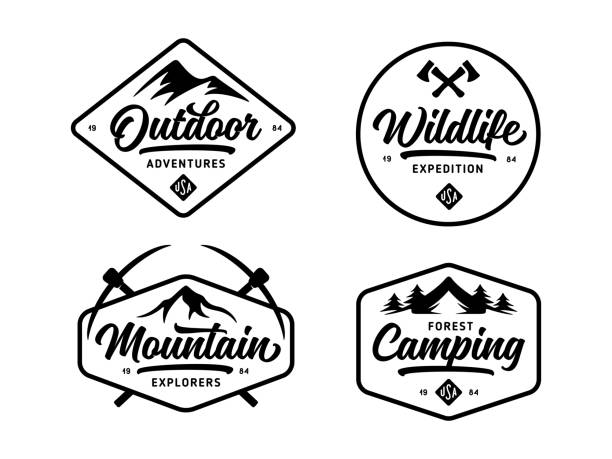 Set of outdoor wild life related labels badges emblems. Vector vintage illustration. Set of outdoor wild life related labels badges emblems and design elements for t-shirt, posters, prints. Vintage typography compositions. Vector illustration. outdoor pursuit stock illustrations