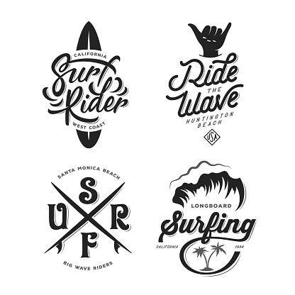 Surfing related typography set. Ride the wave quote. Surf rider lettering. Trendy design elements for t-shirt prints posters advertising. Vector vintage illustration.