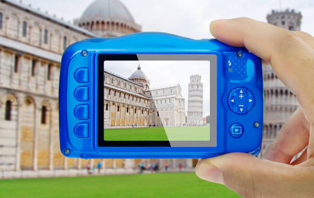 Taking picture of miracles square Pisa Italy compact camera display pov