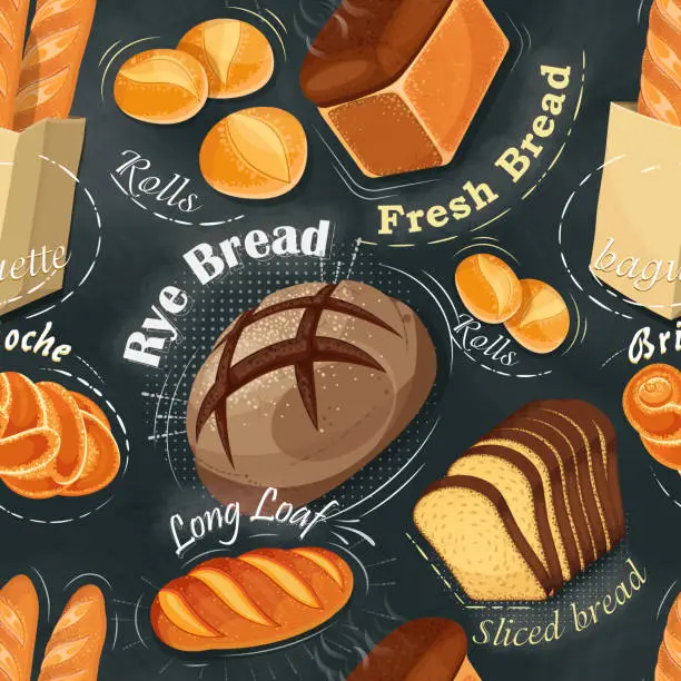 Vector illustration of Bakery seamless pattern. Long loaf, rye bread, baguette, rolls, white bread, sliced bread, brioche. Vector illustration