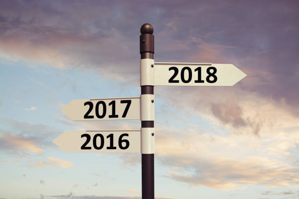 istock 2018 direction sign with sky background.New year concept 857097962