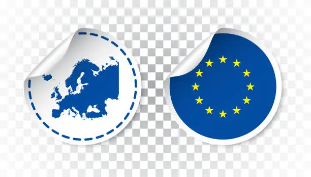 Vector illustration of Europe sticker with flag and map. European Union label, round tag with country. Vector illustration on isolated background.