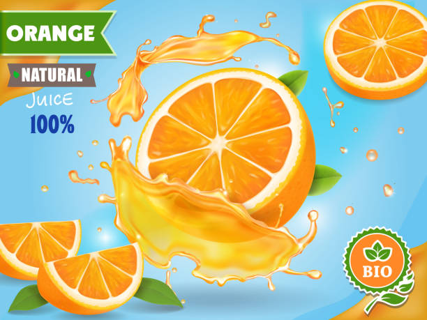 オレンジ ジュースの広告。ジューシーなスプラッシュでリアルなフルーツ パッケージ デザイン - packaging horizontal non alcoholic beverage orange juice点のイラスト素材／クリップアート素材／マンガ素材／アイコン素材