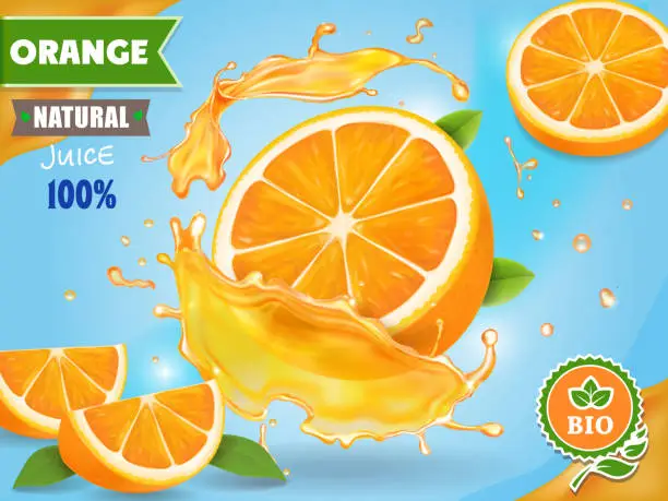 Vector illustration of Orange juice ad. Realistic fruits in juicy splash package design