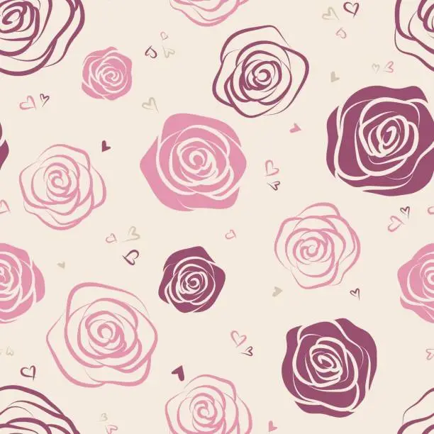 Vector illustration of Seamless pattern with red and pink outline roses on white background. Vector illustration.