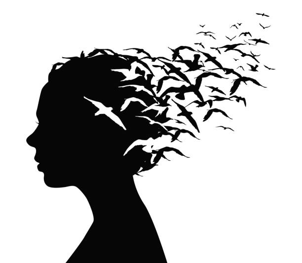 Black silhouette portrait of a pretty girl with birds flying from her head - thoughts, emotions or psychology concept. Black silhouette portrait of a pretty girl with birds flying from her head - thoughts, emotions or psychology concept women flying bird freedom stock illustrations
