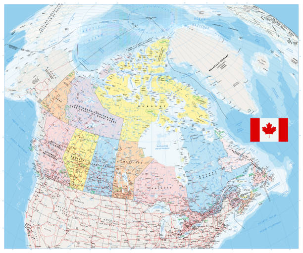 гигантская подробная политическая карта канады с городами и поселками - alberta map canada cartography stock illustrations