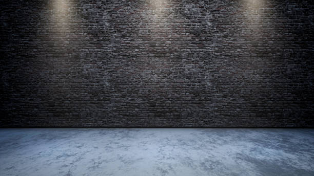 istock 3D room interior with brick wall with spotlights shining down 857110048
