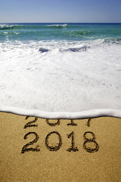 istock New year 2018 and 2017 on sandy beach with waves 857110954