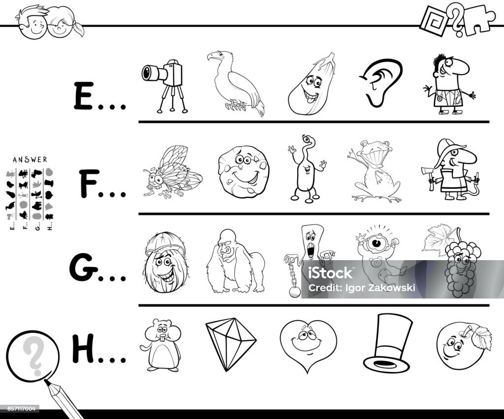 first letter of a word coloring page game Black and White Cartoon Illustration of Finding Pictures Starting with Referred Letter Educational Game Worksheet for Preschool or School Kids Coloring Book Book stock vector