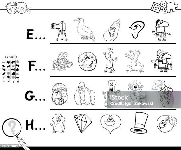 First Letter Of A Word Coloring Page Game Stock Illustration - Download Image Now - Book, Letter E, Template