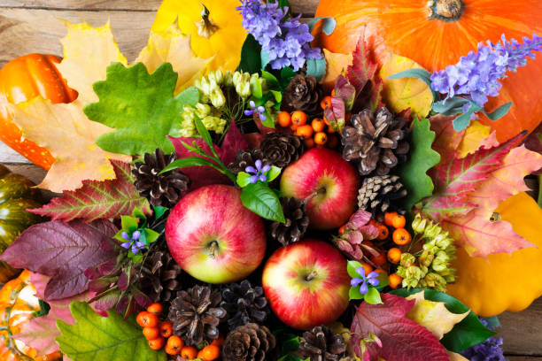 istock Apples, colorful leavesand blue flowers, top view 857122524