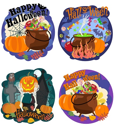 Vector set of pictures for funny Halloween with picture of pumpkin, bones of skeleton, sweets, cauldron and bat, cobwebs and an inscription Happy Halloween.