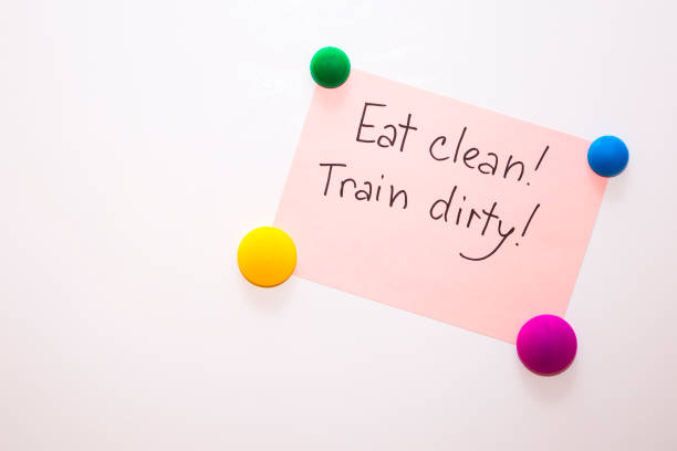istock Fridge note with the motivation text about fitness: Eat clean! Train dirty! 857126558
