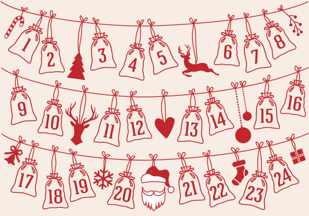 illustrazioni stock, clip art, cartoni animati e icone di tendenza di calendario dell'avvento con borse natalizie, set vettoriale - calendario avvento