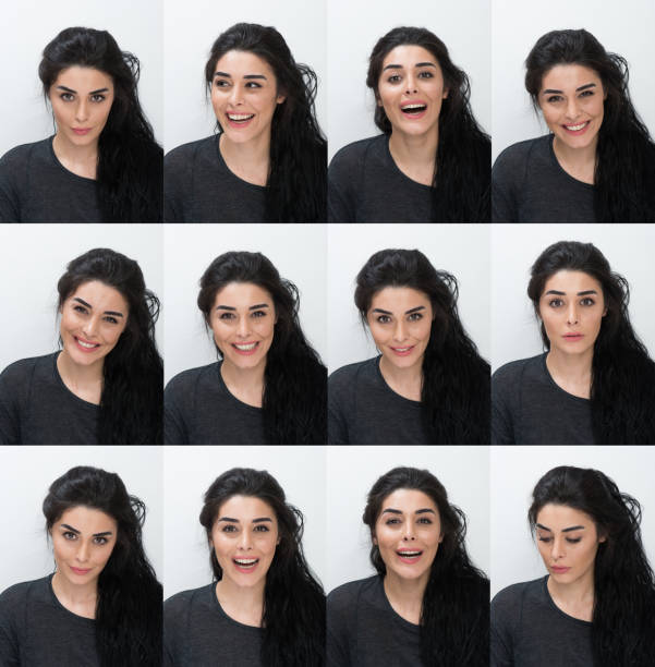 różne mimiki twarzy - facial expression women multiple image thinking zdjęcia i obrazy z banku zdjęć