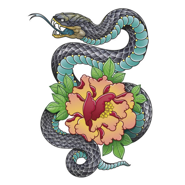 동양 뱀 및 모란 꽃 - 뱀띠 stock illustrations
