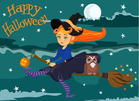 Vector picture of small witch with red hair on broom with an owl and pumpkin lantern in the night sky with the text of Happy Halloween.