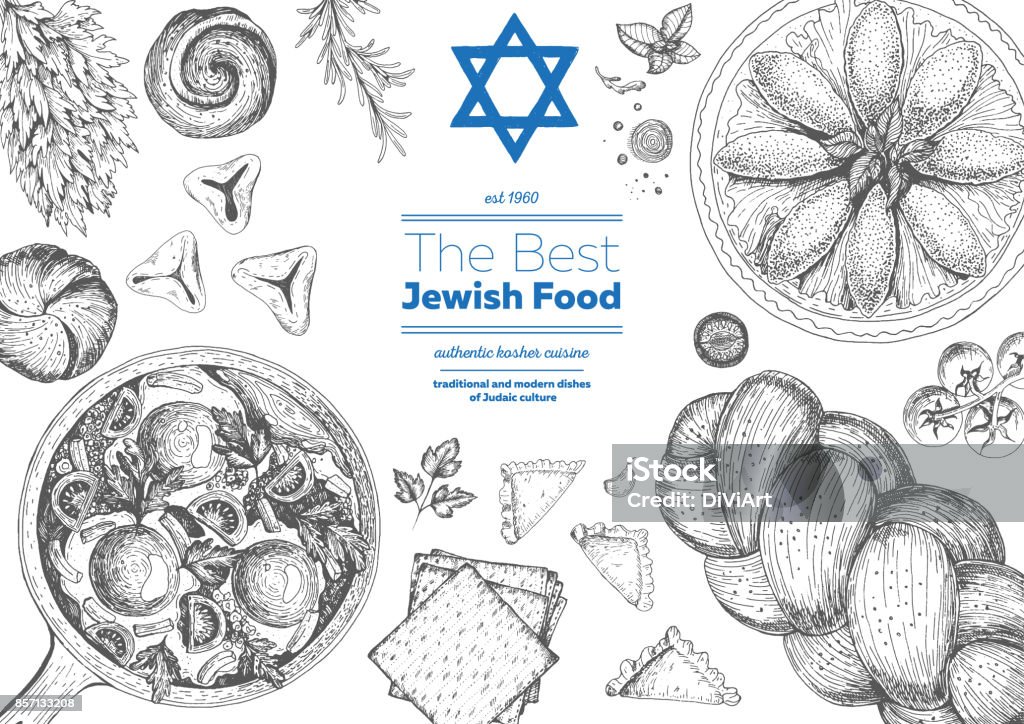 Jewish cuisine top view frame. Jewish food menu design. Kosher food. Vintage hand drawn sketch vector illustration. Linear graphic Drawing - Art Product stock vector