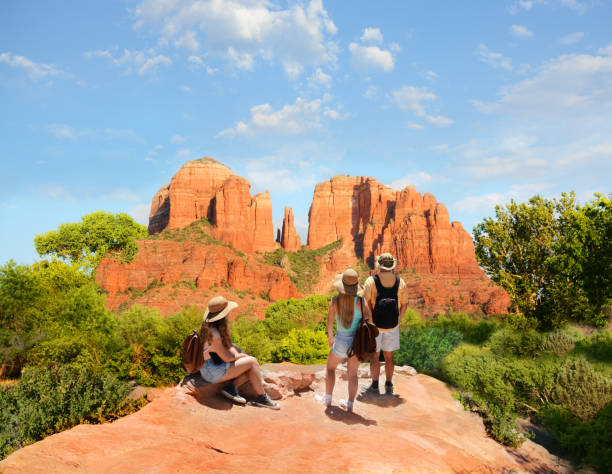 família, apreciando a bela vista de montanha na excursão de verão. - group of people journey effort travel destinations - fotografias e filmes do acervo