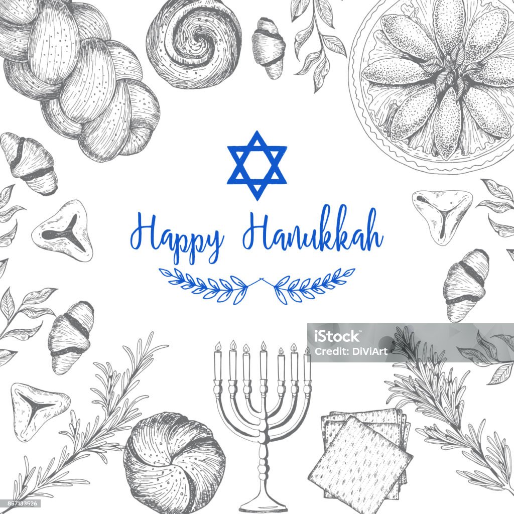 Cartão para feriado judaico, Hanukkah. Esboço de mão desenhado Hanukkah. Ilustração em vetor. Gráfico linear - Vetor de Comida royalty-free