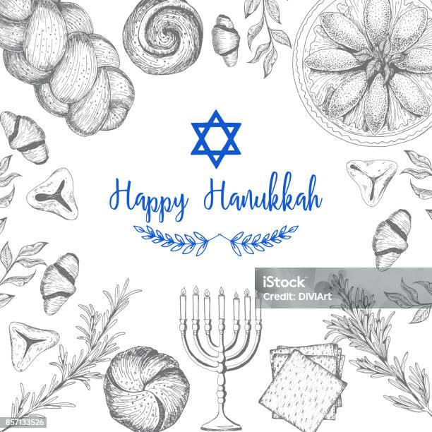 Vetores de Cartão Para Feriado Judaico Hanukkah Esboço De Mão Desenhado Hanukkah Ilustração Em Vetor Gráfico Linear e mais imagens de Comida