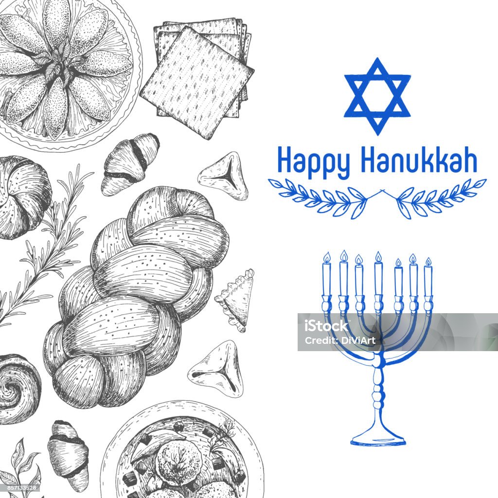 Card for jewish holiday, Hanukkah. Hand drawn sketch Hanukkah. Vector illustration. Linear graphic Challah stock vector