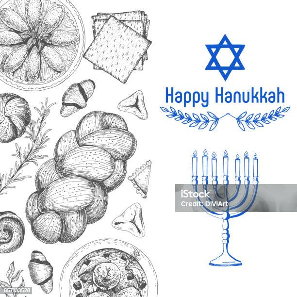 Card For Jewish Holiday Hanukkah Hand Drawn Sketch Hanukkah Vector Illustration Linear Graphic Stock Illustration - Download Image Now