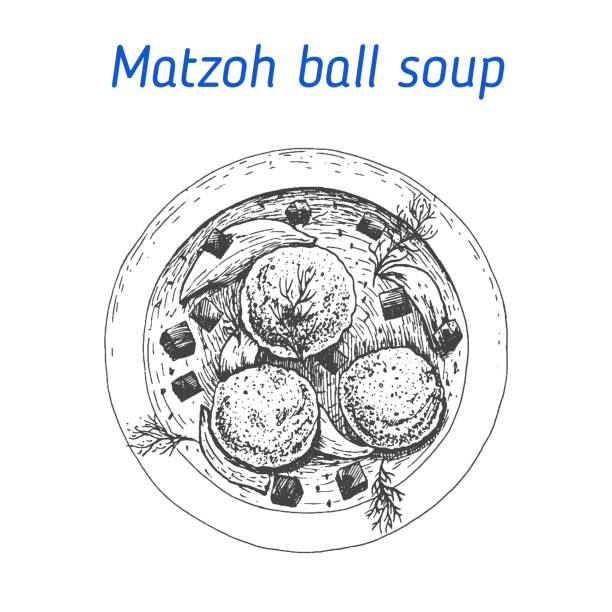 matzon kugel-suppe-vektor-illustration. hand gezeichnete bild. jüdische küche - matzo ball soup stock-grafiken, -clipart, -cartoons und -symbole