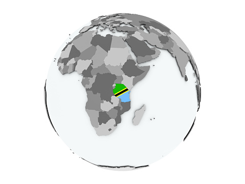 Tanzania on political globe with embedded flags. 3D illustration isolated on white background. 3D model of planet created and rendered in Cheetah3D software, 29 Sep 2017.