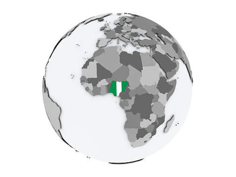 Ivory Coast with embedded national flag on political globe. 3D illustration isolated on white background. 3D model of planet created and rendered in Cheetah3D software, 4 Mar 2017.