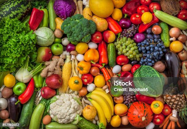 Vegetables And Fruits Large Overhead Mix Group On Colorful Background Stock Photo - Download Image Now