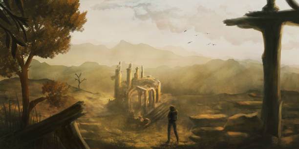istock Idyllic, fantasy scenery where a person discovers old ruins, digital painting 857152544