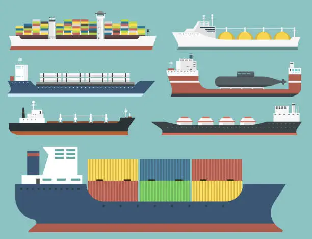 Vector illustration of Cargo vessels and tankers shipping delivery bulk carrier train freight boat tankers isolated on background vector illustration