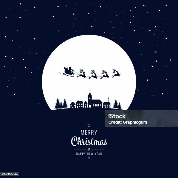 Santa Sleigh Flying Into The Winter Village Christmas Night Stock Illustration - Download Image Now