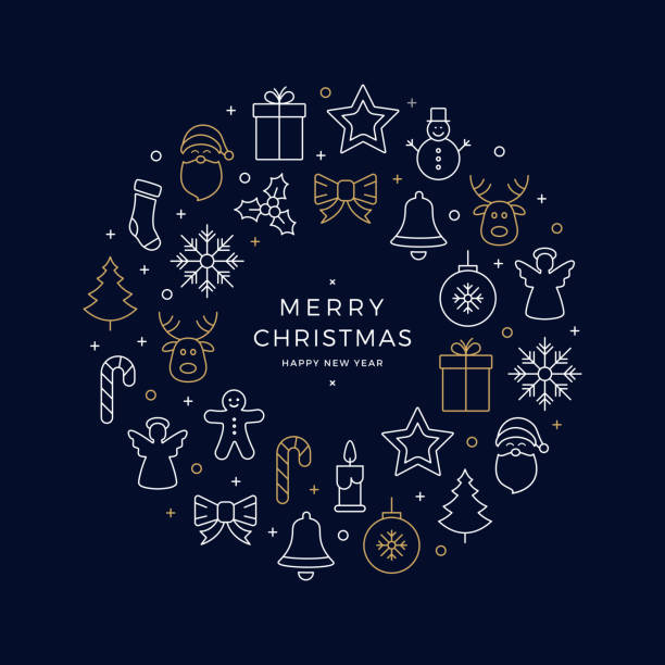 weihnachten symbole elemente kranz kreis golden weißen blauen hintergrund - weihnachten illustration stock-grafiken, -clipart, -cartoons und -symbole
