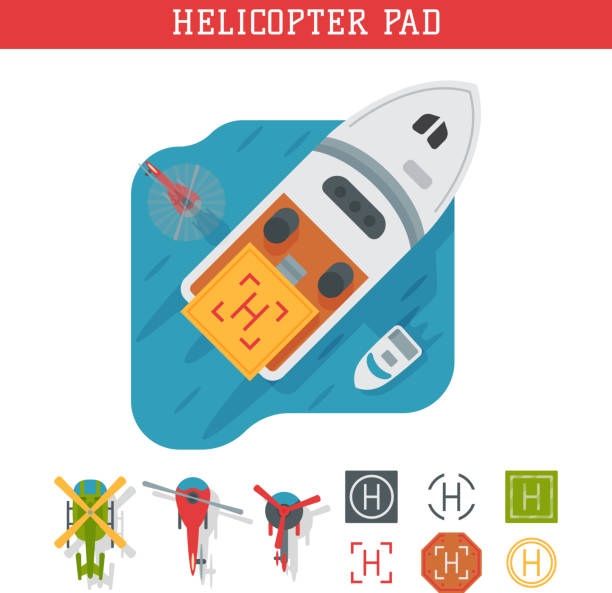 Helicopter pad landing ground landing area platform vector top view illustration Helicopter pad landing ground landing area platform vector top view illustration. Helicopters landing pad aviation city platform. Takeoff vehicle tourism heliport sign. helicopter landing on yacht stock illustrations