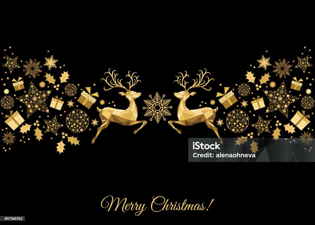トナカイ、ホリー、贈り物や雪片とゴールドのクリスマス装飾。 - クリスマスのロイヤリティフリーベクトルアート