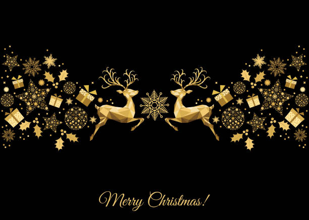 Xmas gold decoration with reindeer, holly, gifts and  snowflakes. Christmas golden  decoration. Happy New Year black  background. Gold Xmas jumping  reindeer, holly, gifts and  snowflakes. Vector template  for greeting  card. gold metal silhouettes stock illustrations