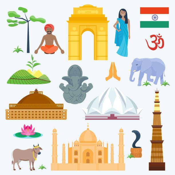 인도 전통 및 유명한 국가 종교 여행 벡터 아이콘 - india goa temple indian culture stock illustrations