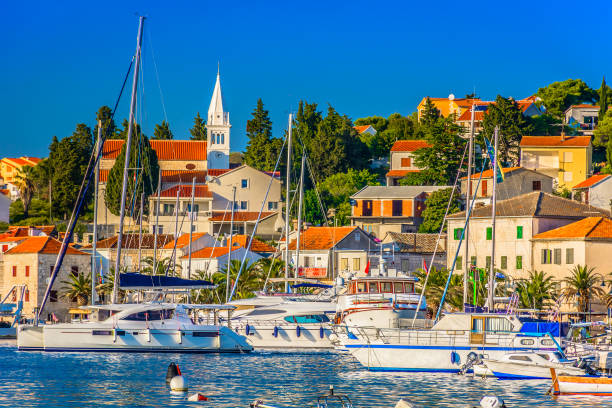 Rogoznica summer seafront view. Seafront view at amazing colorful town Rogoznica, popular tourist resort and sailing luxury resort in Dalmatia region, Mediterranean. croatian culture photos stock pictures, royalty-free photos & images
