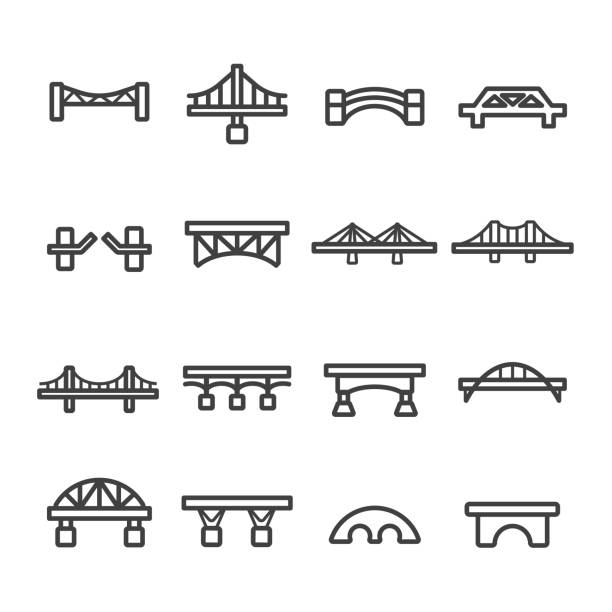illustrations, cliparts, dessins animés et icônes de vecteur de jeu d’icônes de ligne de pont - bridge connection contemporary suspension bridge